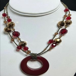 Lia Sophia Gold Tone Double Strand Beaded Necklace w/Maroon Pendant Vintage